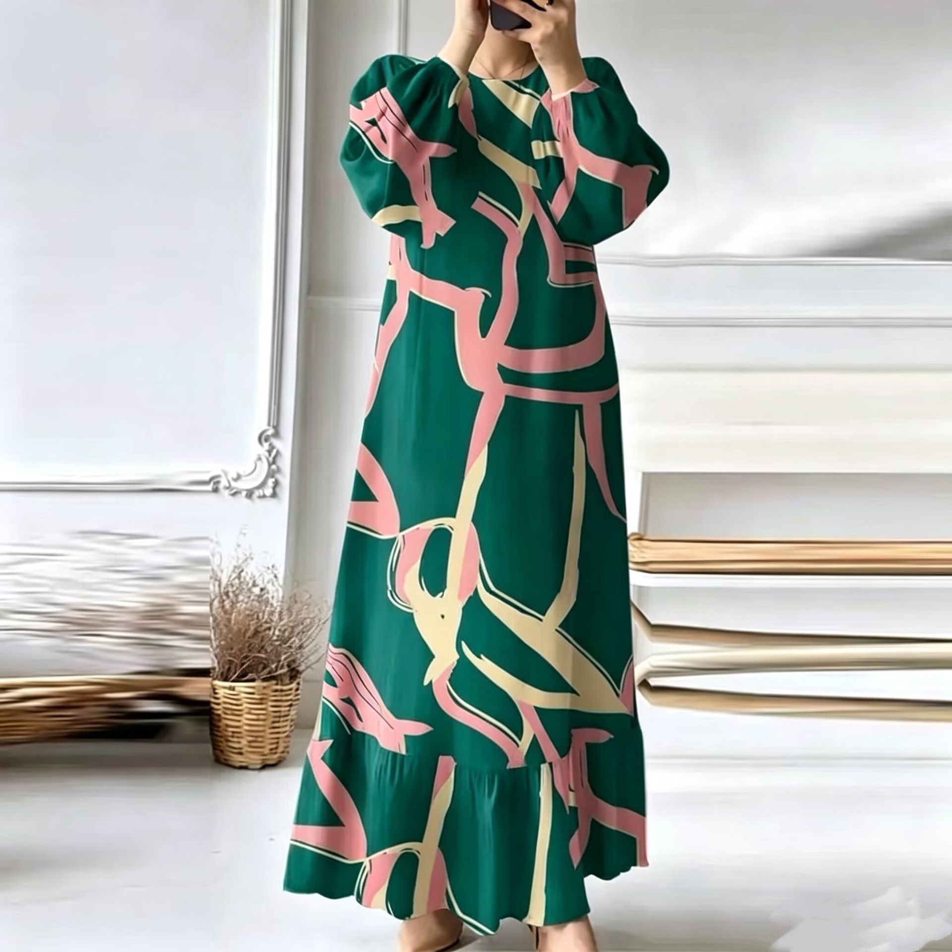 Women's Puff Sleeve Ruffle Hem Long Dress Solid Color