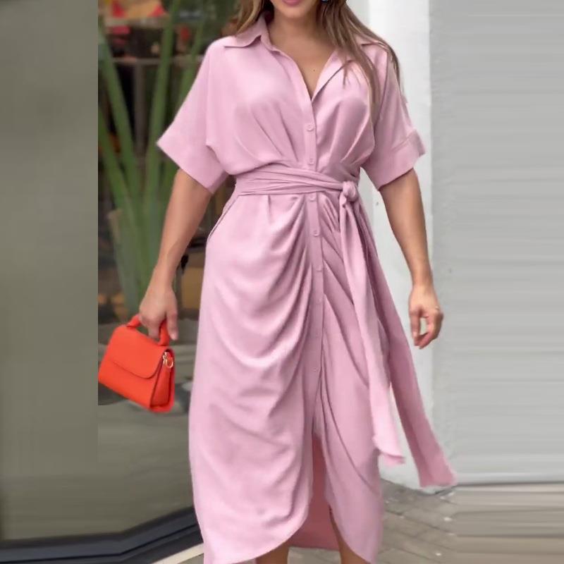 Elegant Solid Color Tie-Waist Single-Breasted Dress