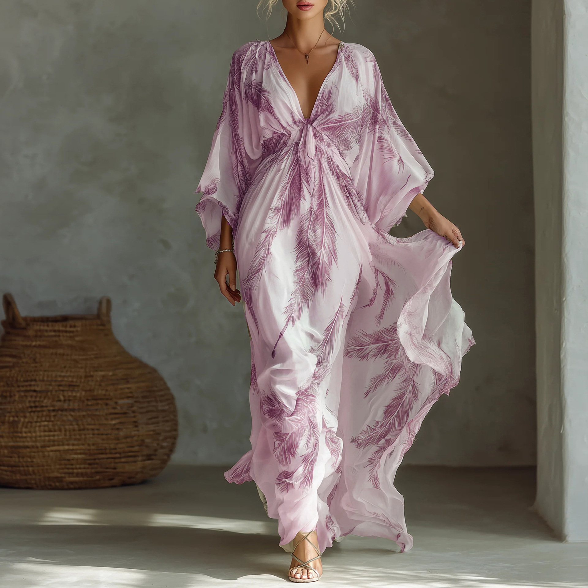 V-Neck 3/4 Sleeve Waist-Cinched Long A-Line Dress