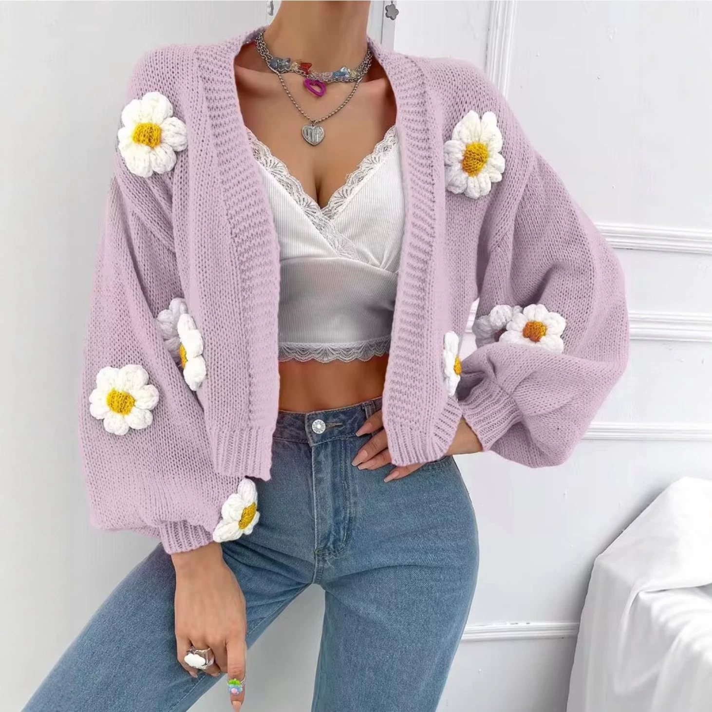 Women's Crochet Floral Spliced Button Cardigan Sweater