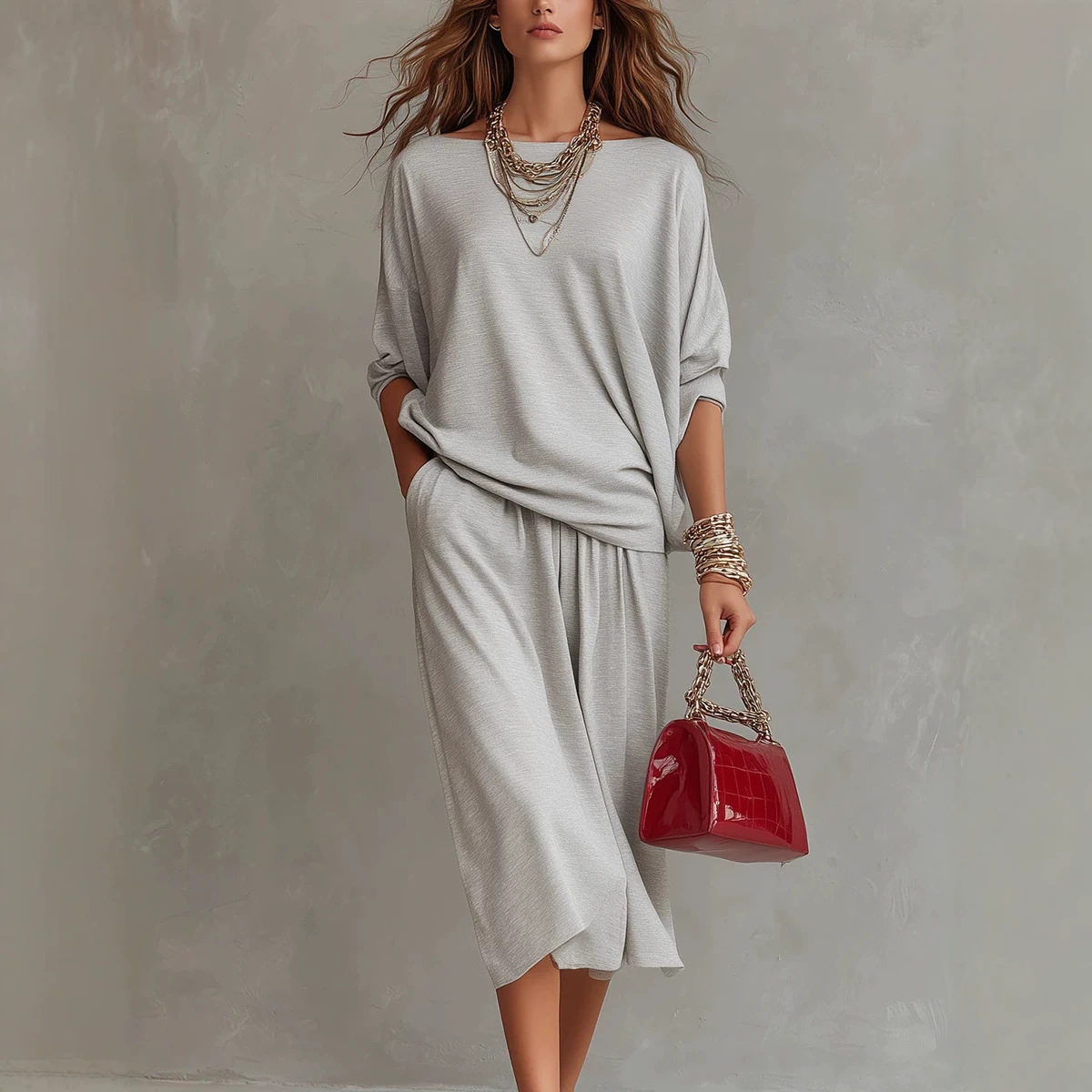 Off-Shoulder Knit Top & Midi Skirt Set Casual Loungewear