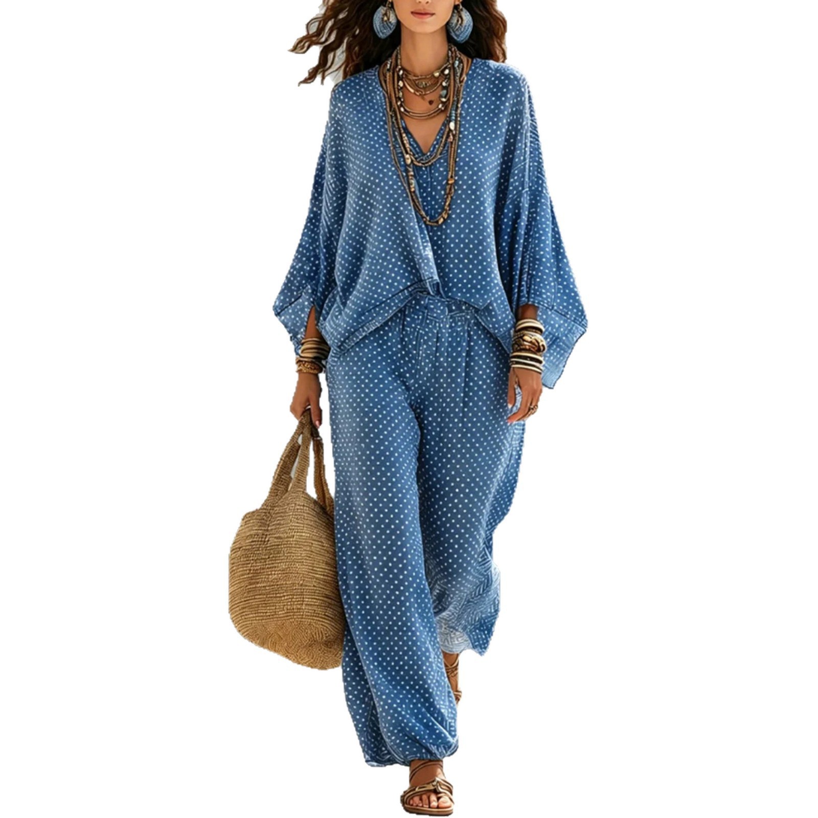 Women's Vintage Print Batwing Sleeve Top and Jogger Pants Set
