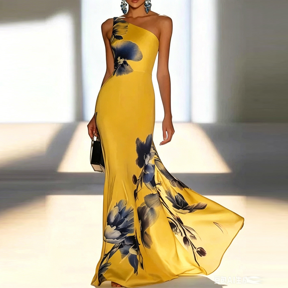 Blue Floral One-Shoulder Long Dress Elegant Evening Gown