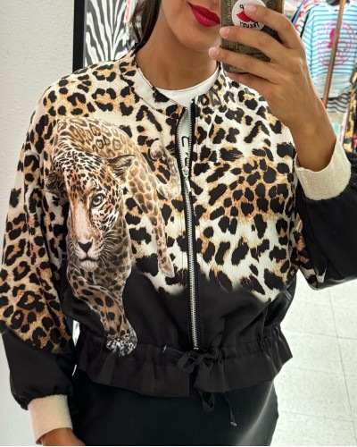 Women's Leopard Print Bomber Jacket Zip-Up Stand Collar