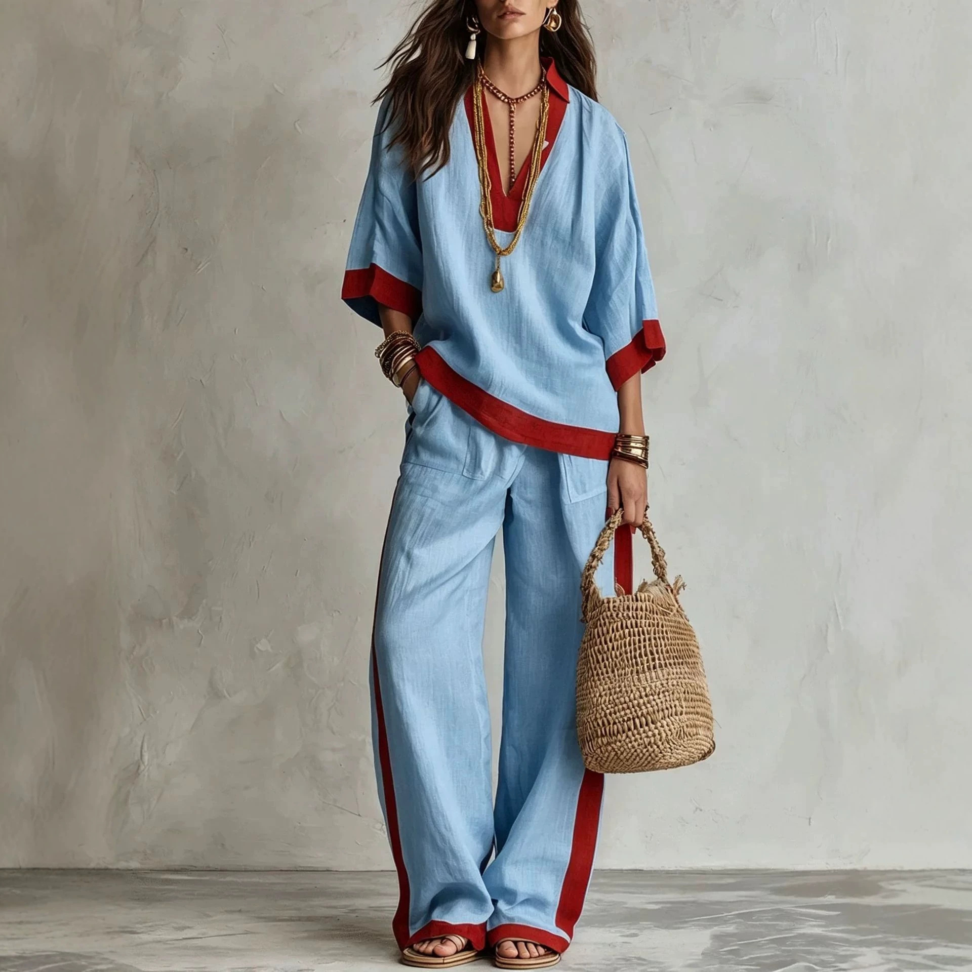 Color-Block Linen-Look V-Neck Top & Wide-Leg Pants Set
