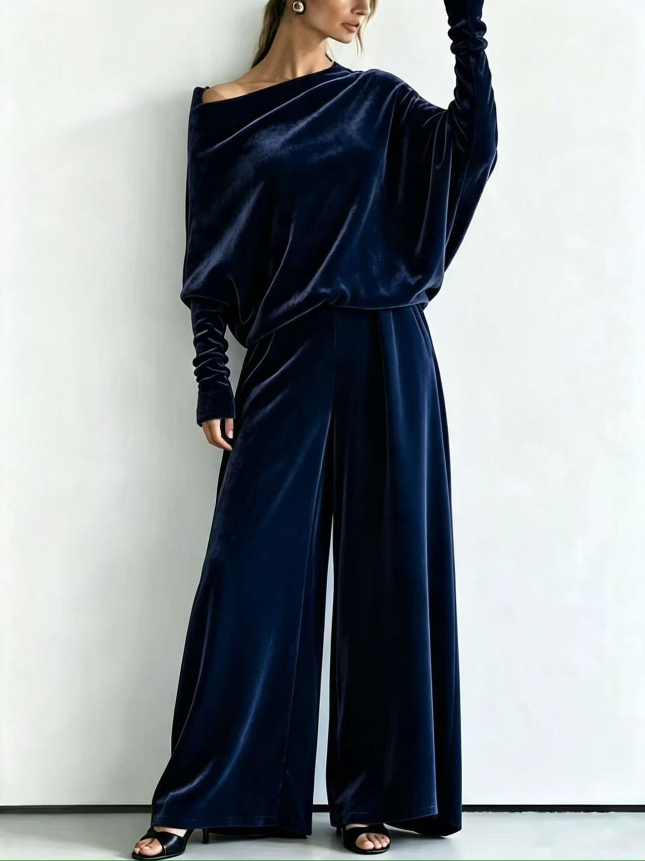 Velvet One-Shoulder Batwing Sleeve Top & High-Waist Wide-Leg Pants Set