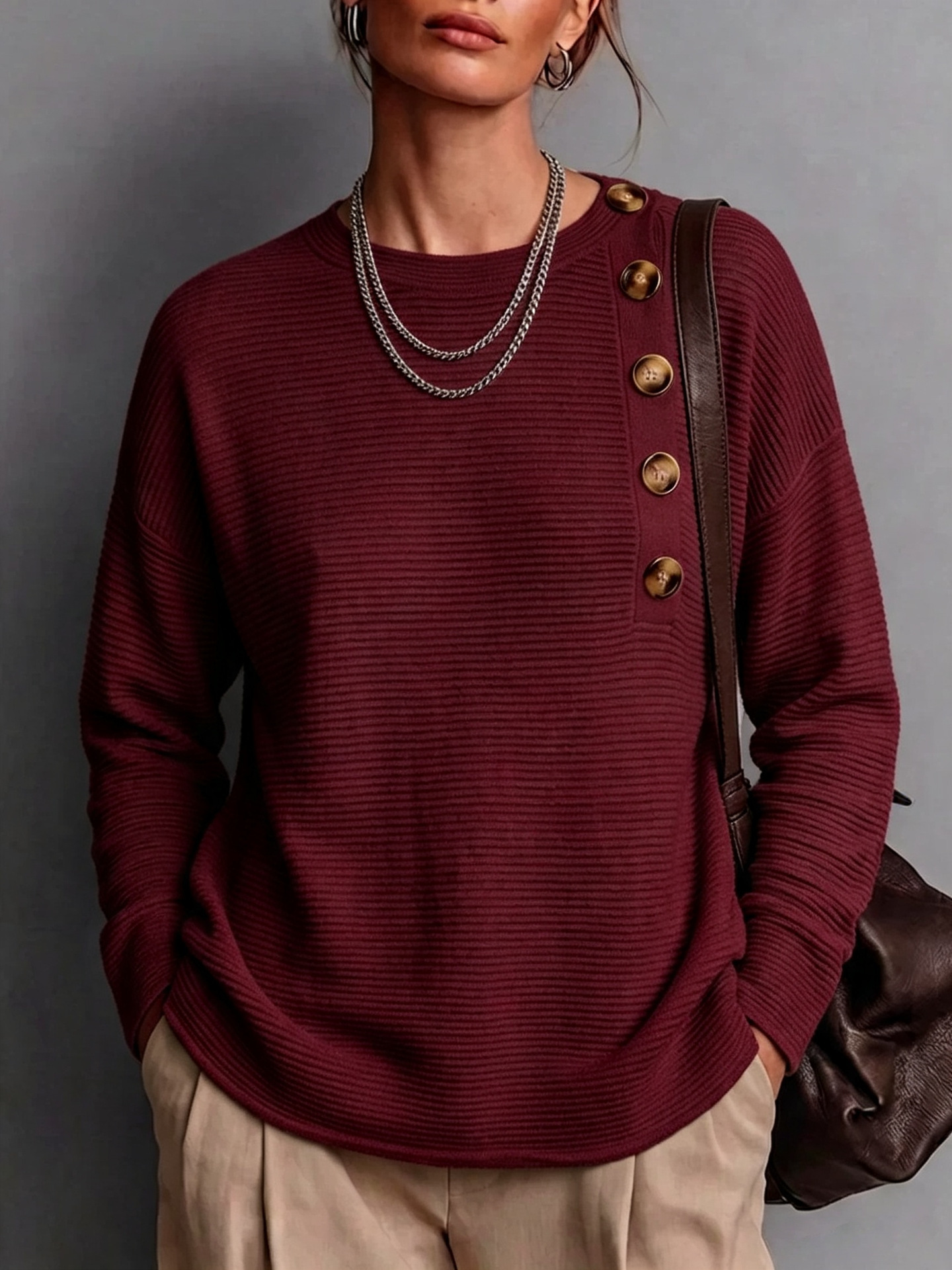 Women's Solid Button Knit Shirt Long Sleeve Crew Neck Loose Fit