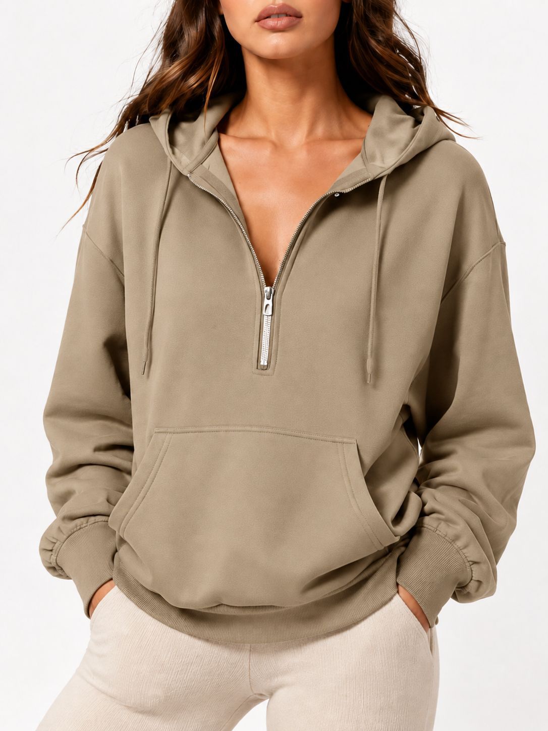 2026 Fall New Cross-Border European and American Loose Hooded Half-Zip Pocket Fall Winter Casual Sweatshirt Women's