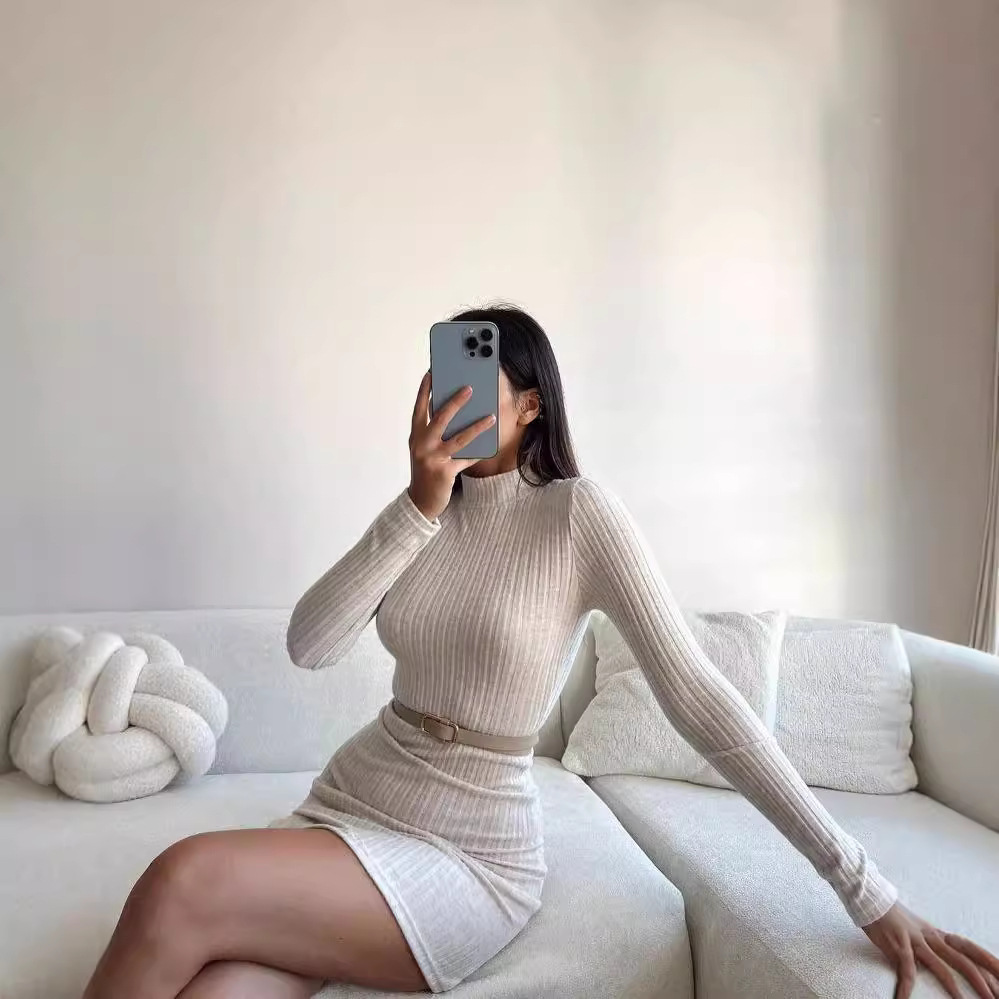 High Neck Waist-Cinching Knit Dress Slim Fit Long Sleeve Slit Bodycon