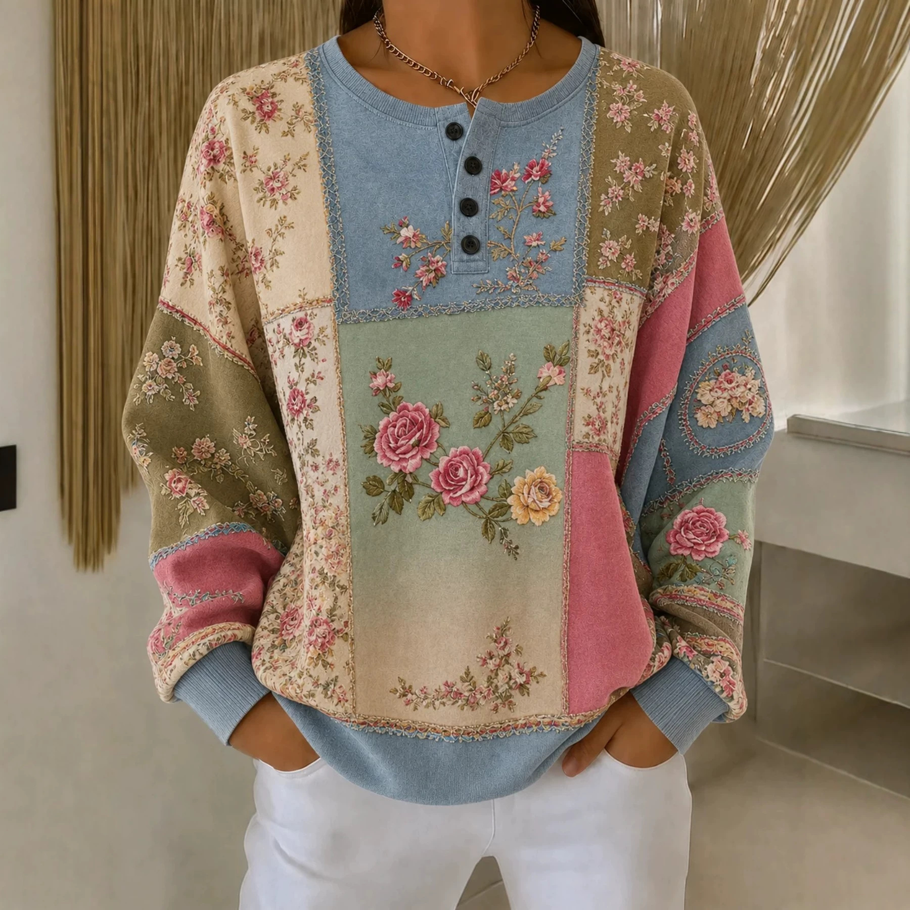 Women's Vintage Floral Print Button Sweatshirt