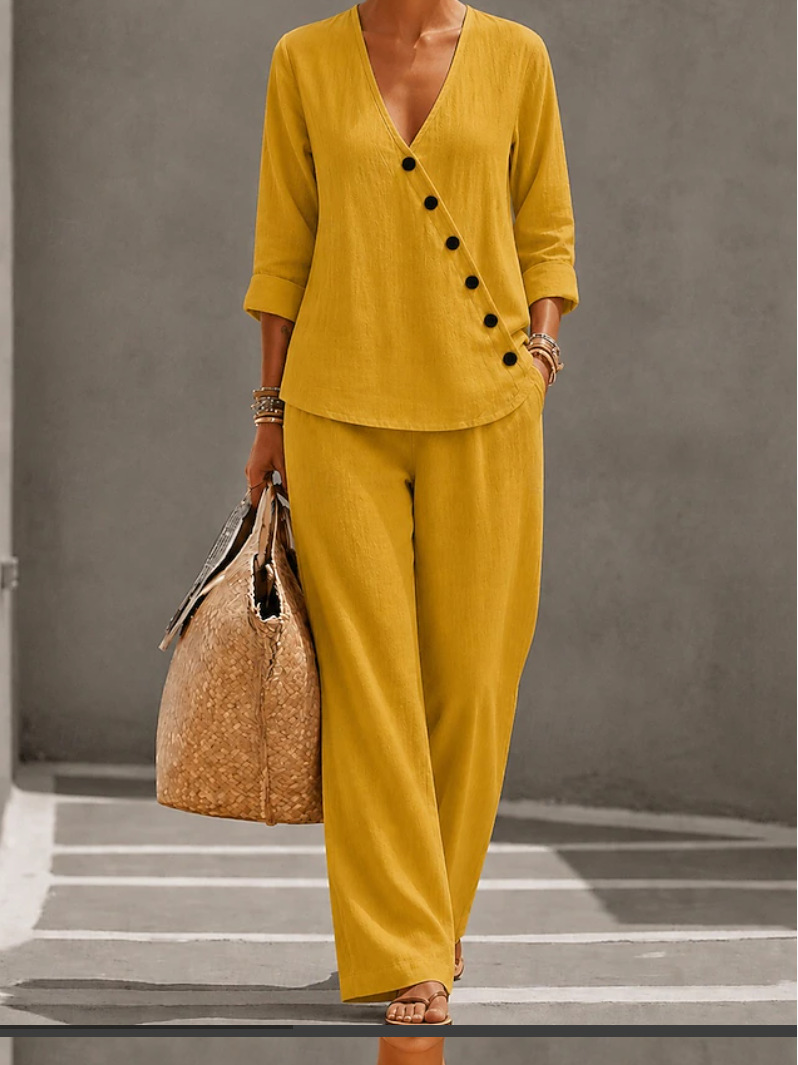 Women's Solid Color Button Top and Straight-Leg Pants Set