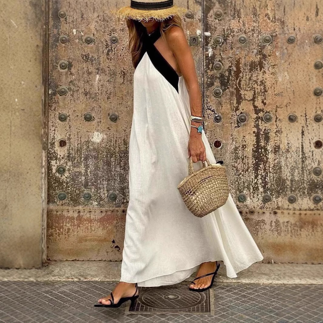 Elegant Halter Cross Back Color Block Maxi Dress