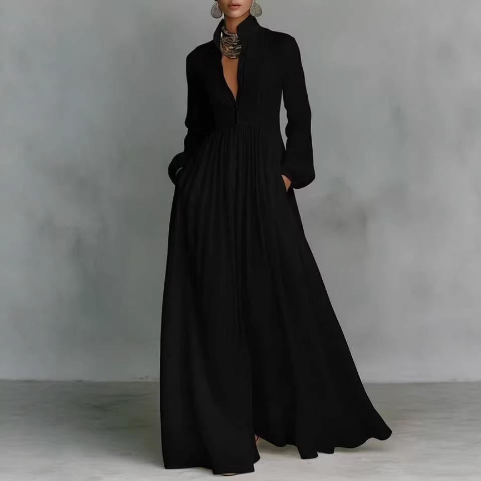 Women's Pleated Long Sleeve Midi Dress Solid Color Slim Waist French Style