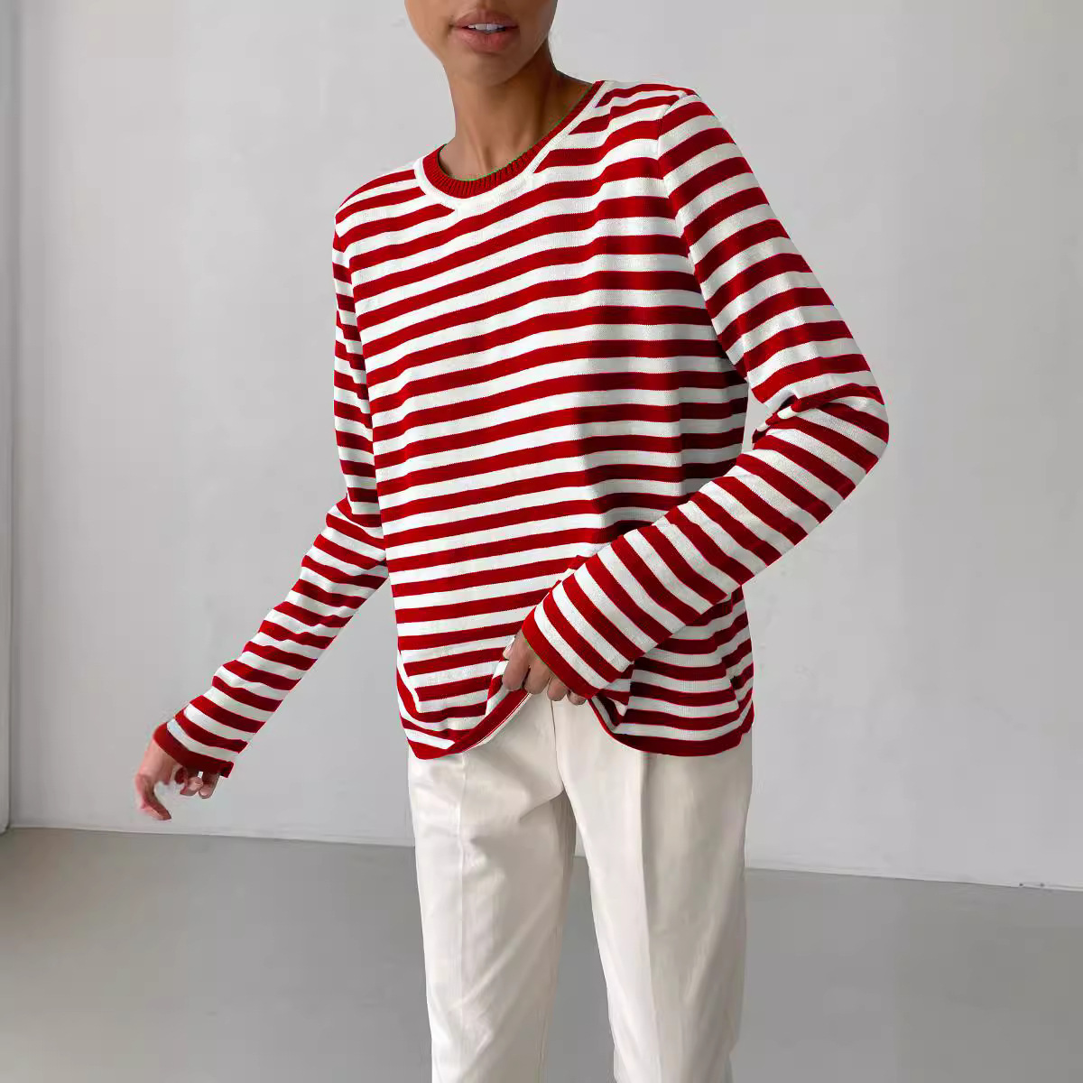 Women's Striped Crewneck Knit Sweater Retro Pullover