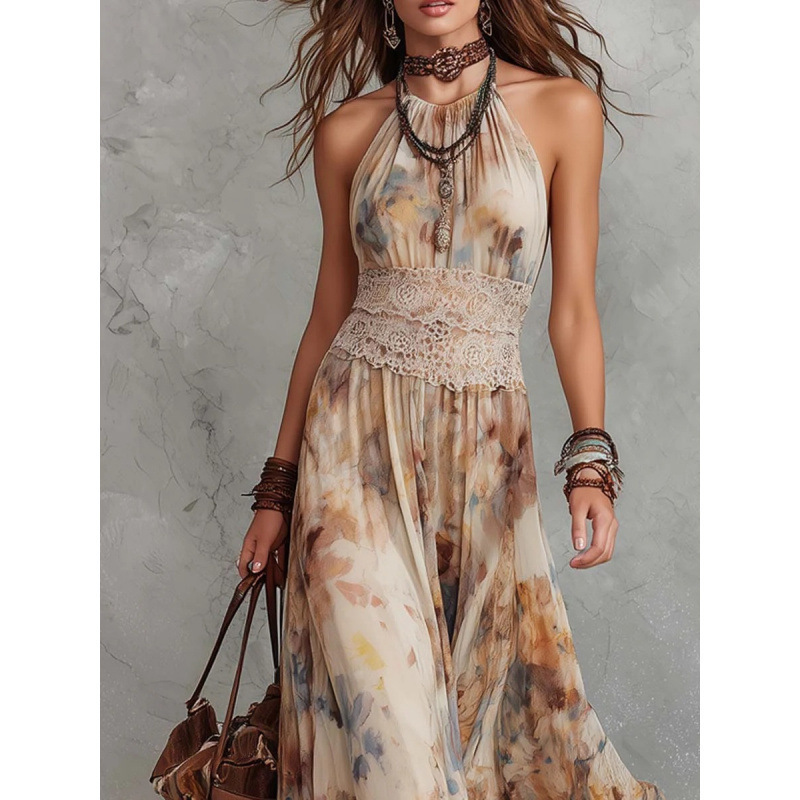 Women's Vintage Oil Painting Floral Sleeveless Midi Dress with Waist