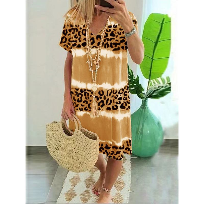 Women's Short Sleeve Leopard Print V-Neck Casual Midi Dress