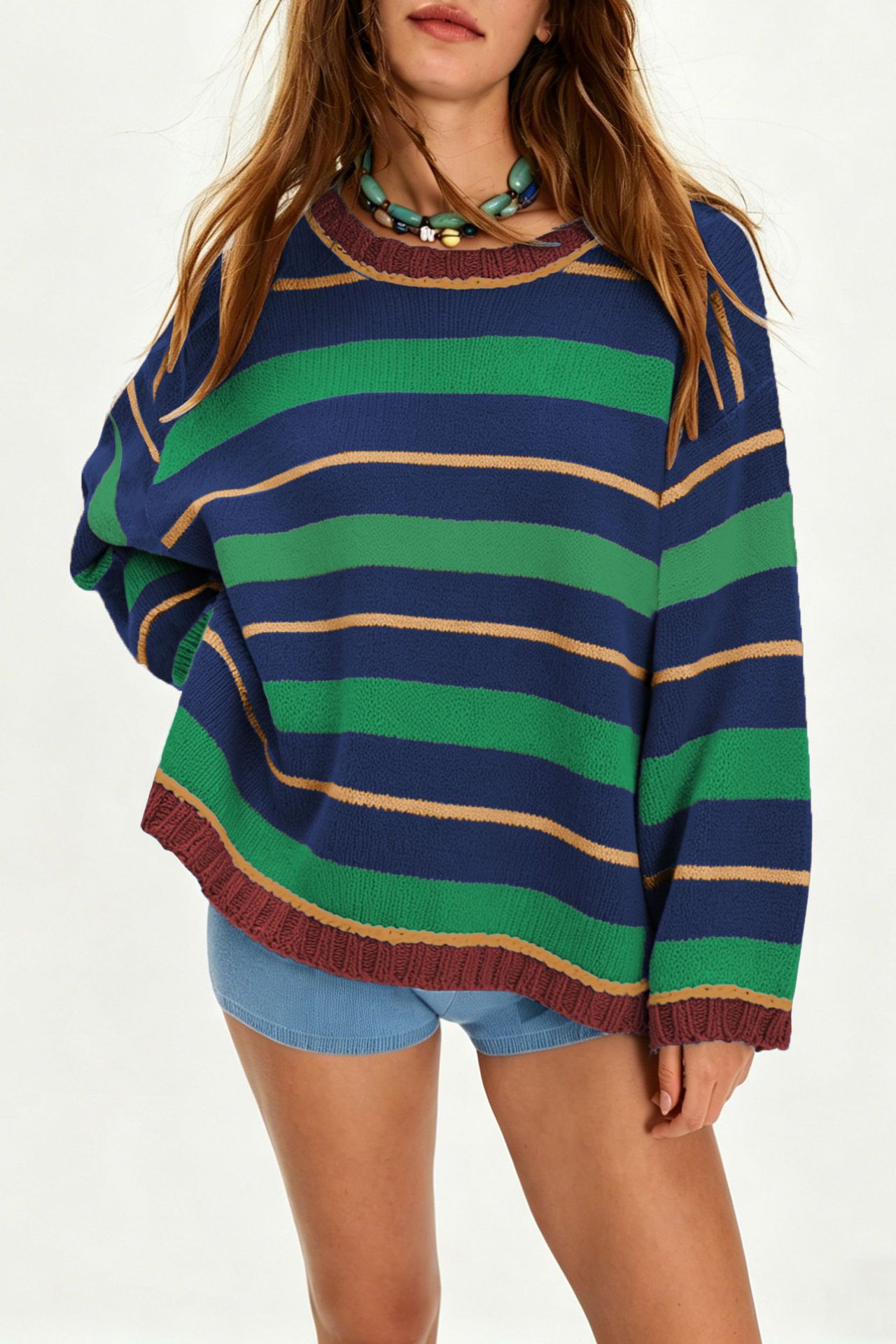 Women's Loose Crewneck Long Sleeve Knit Top Colorblock