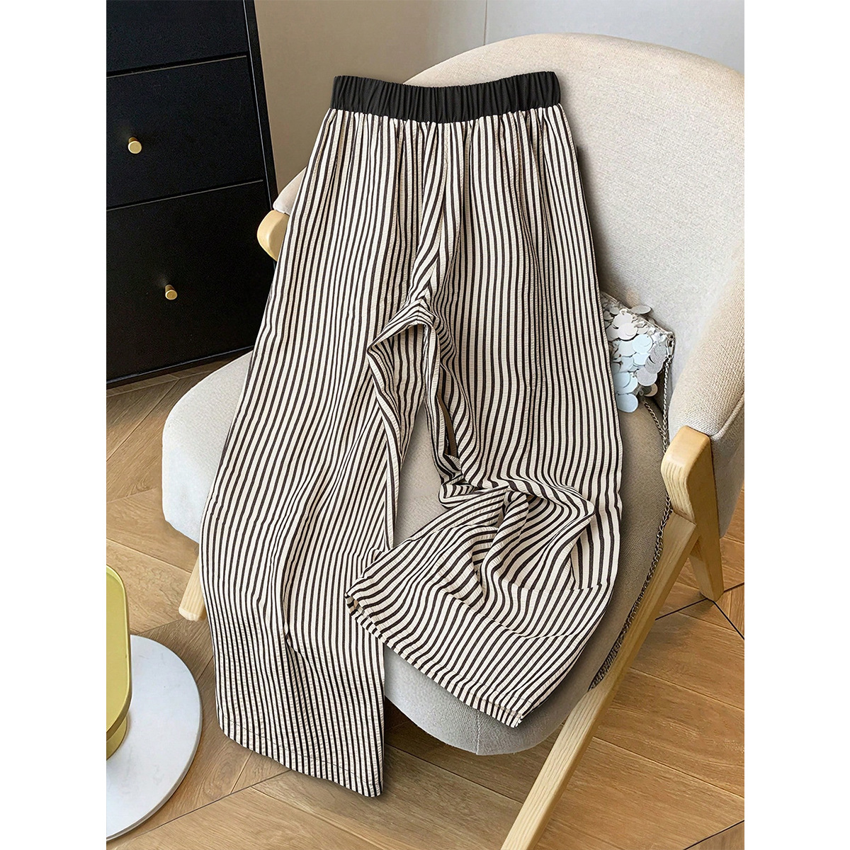 Textured Striped Wide-Leg High-Waist Pants