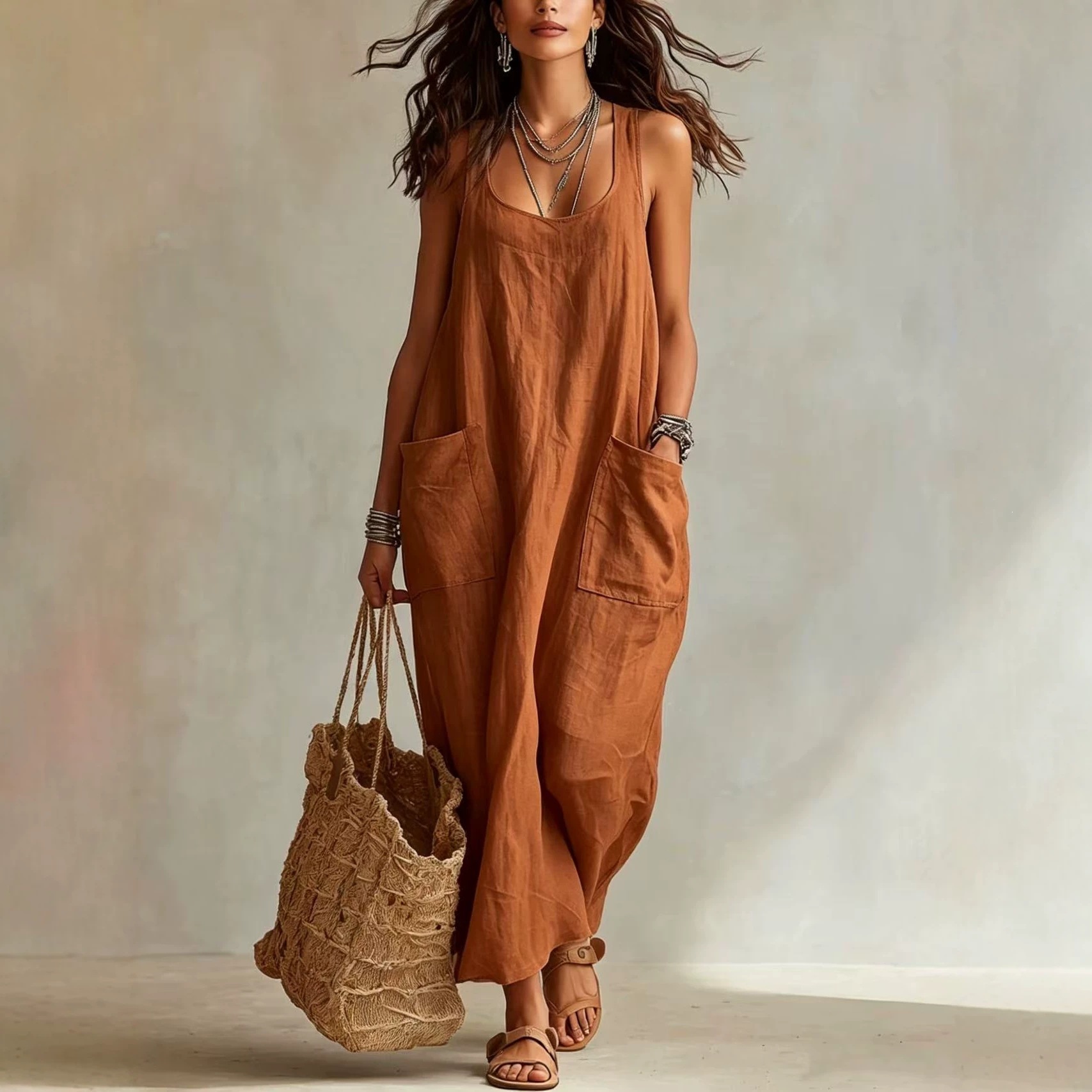 Women's Cotton-Linen Sleeveless Long Dress with Pockets