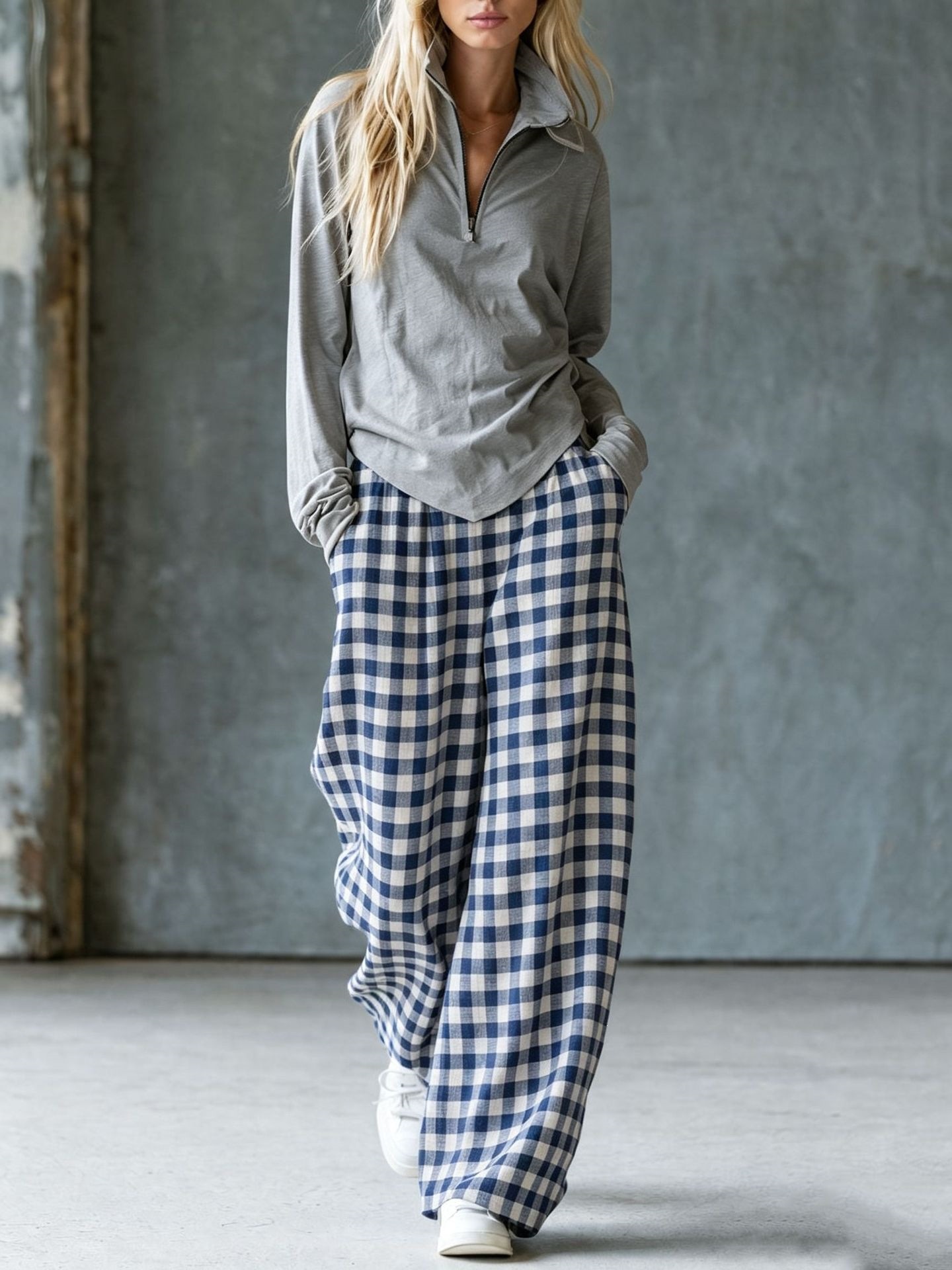 Retro Plaid Wide-Leg Pants and Fitted V-Neck Knit Top Two-Piece Set