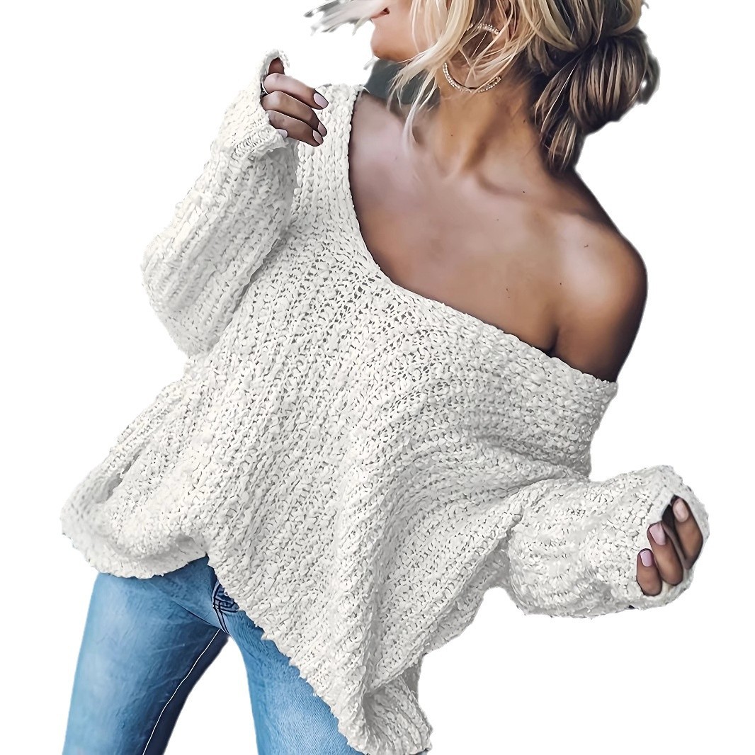 Women's Open-Knit V-Neck Pullover Sweater Solid Color Slim Fit Long Sleeve