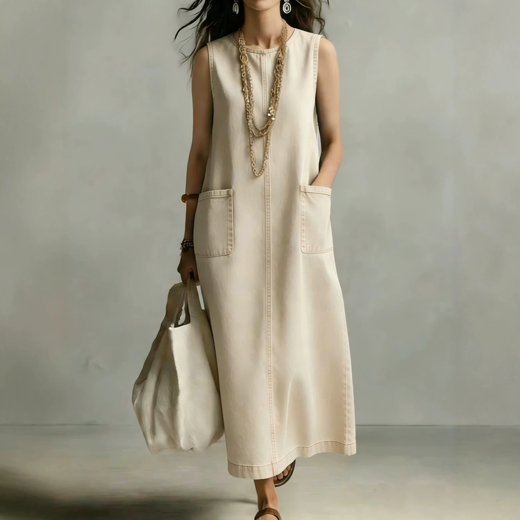 Solid Crewneck Sleeveless Pocket A-Line Midi Dress