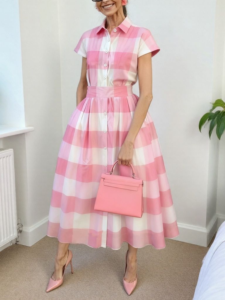 Pink Plaid Print Short Sleeve A-Line Midi Dress