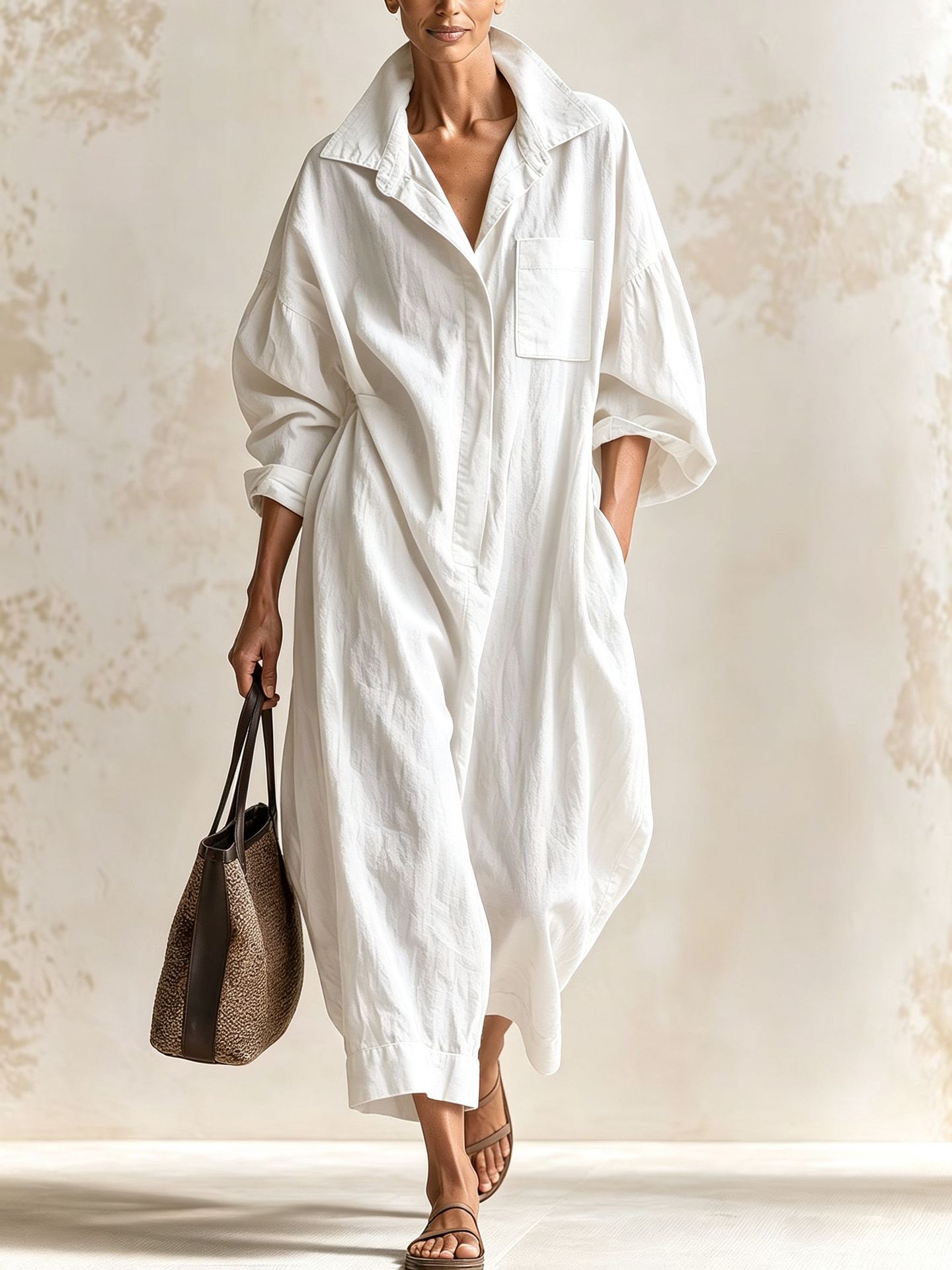 Cotton-Linen Collared Long-Sleeve Wide-Leg Jumpsuit