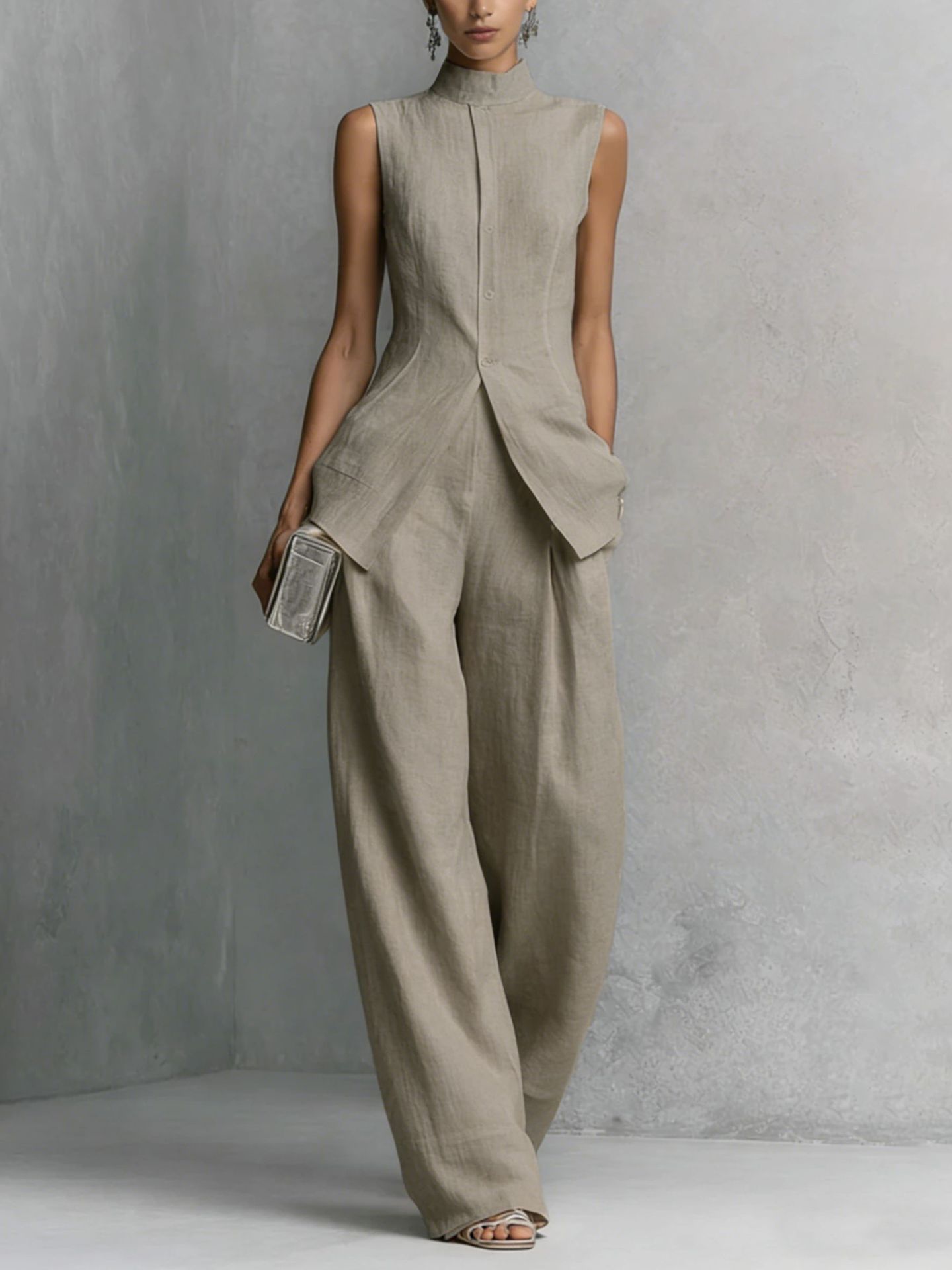 Draped Stand-Collar Sleeveless Top and Pants Set