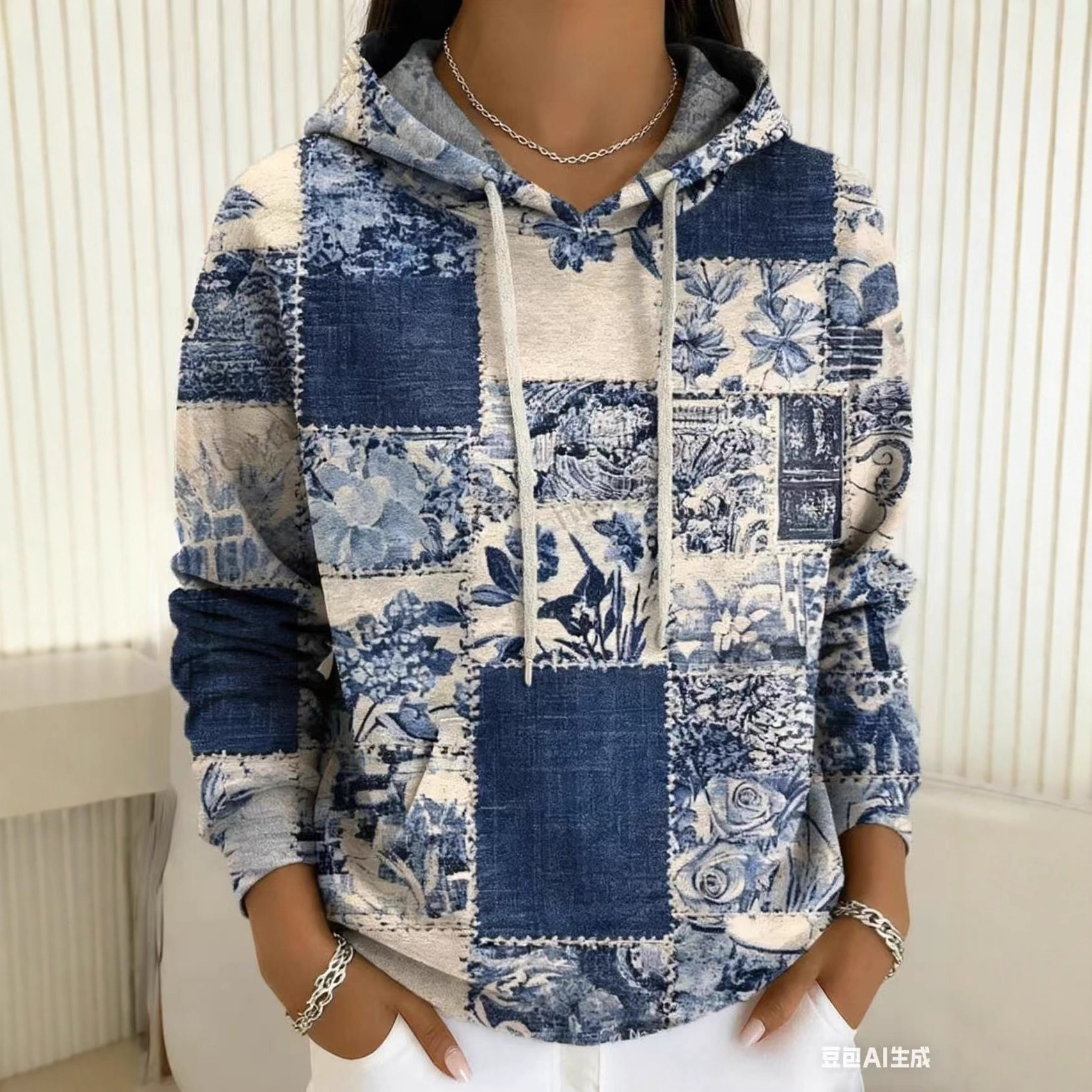Women's Blue and White Porcelain Plaid Floral Print Hoodie Casual Pullover