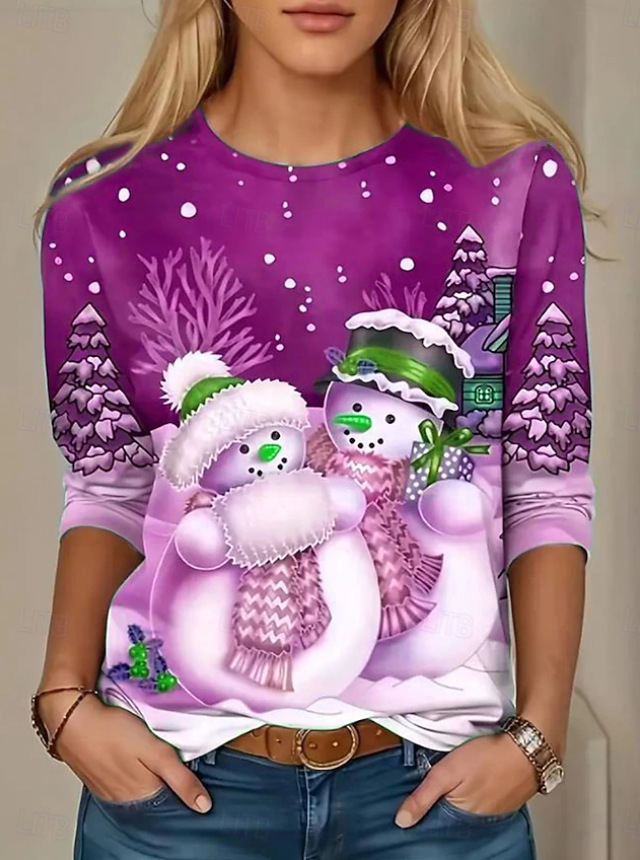 Snowman Print Women's Loose Crewneck Long-Sleeve Top
