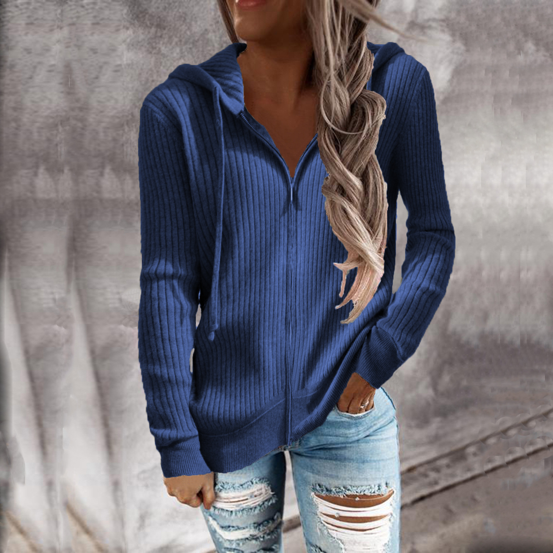 Women's Striped Hooded Zip-Up Knit Cardigan Sweatshirt