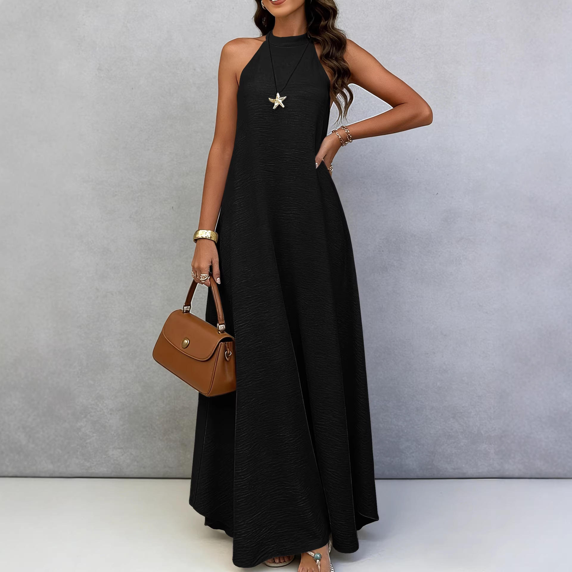 Women's Ice Silk Crinkle Sleeveless Maxi Dress Loose A-Line Solid Color Vacation