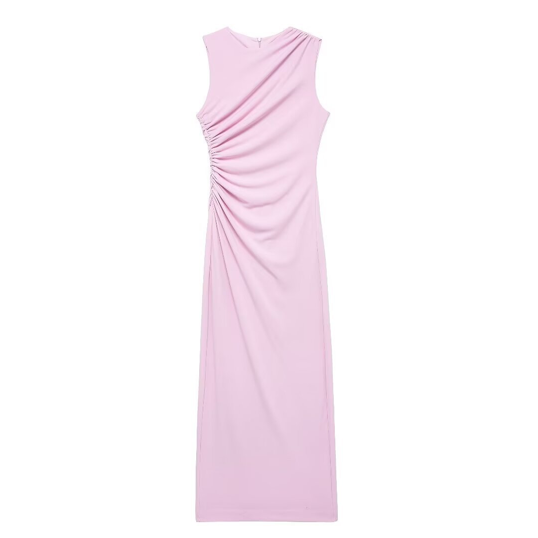 Women's Slim Fit Pleated Midi Dress Sleeveless Round Neck