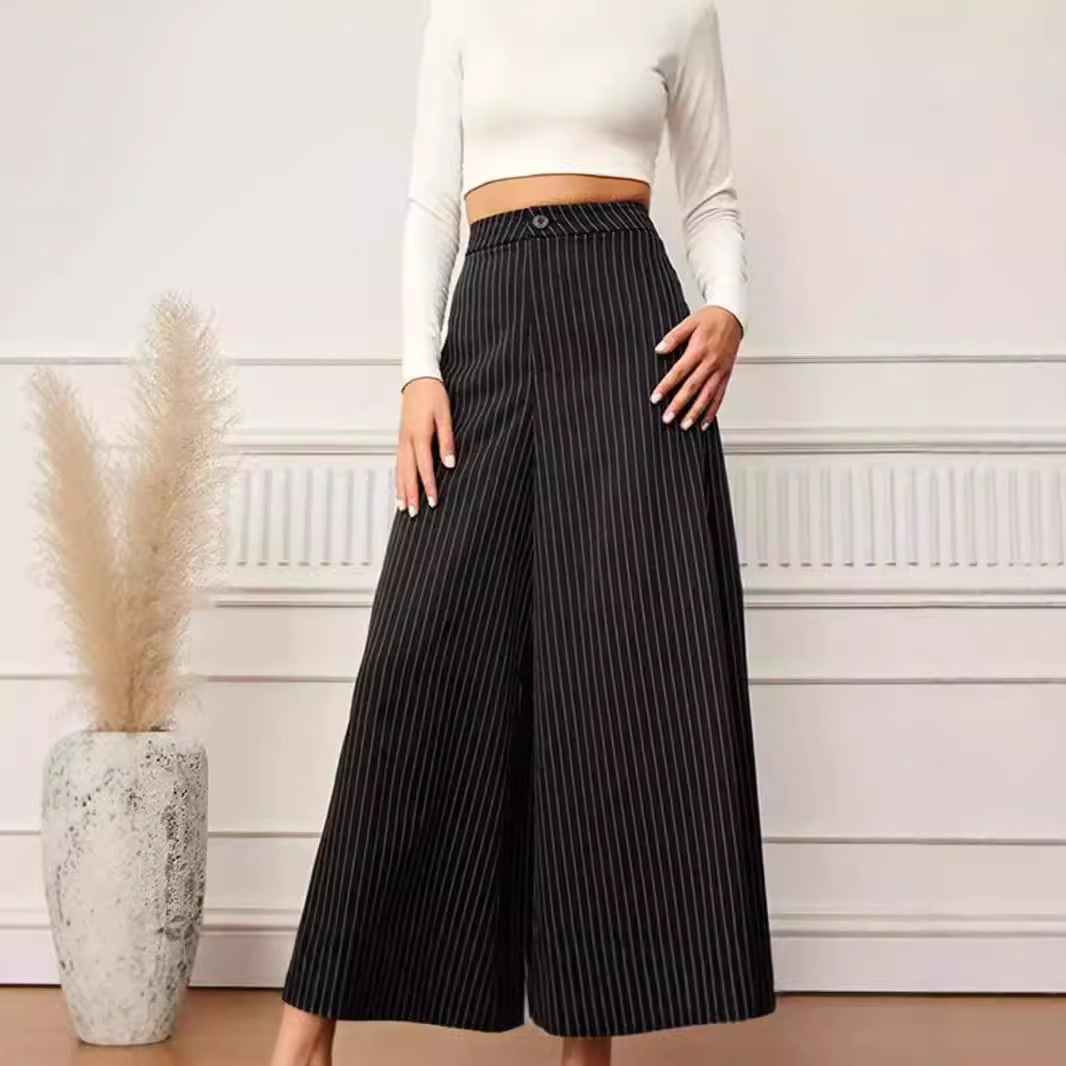 Striped Wide-Leg High-Waist Button Long Pants