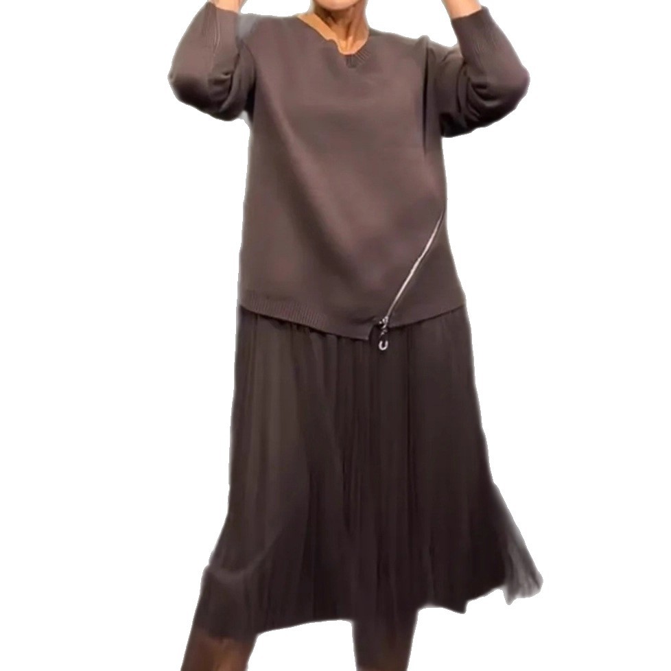 Women's Knit Spliced Mesh Long Sleeve Crew Neck Skirt Set Casual Two-Piece