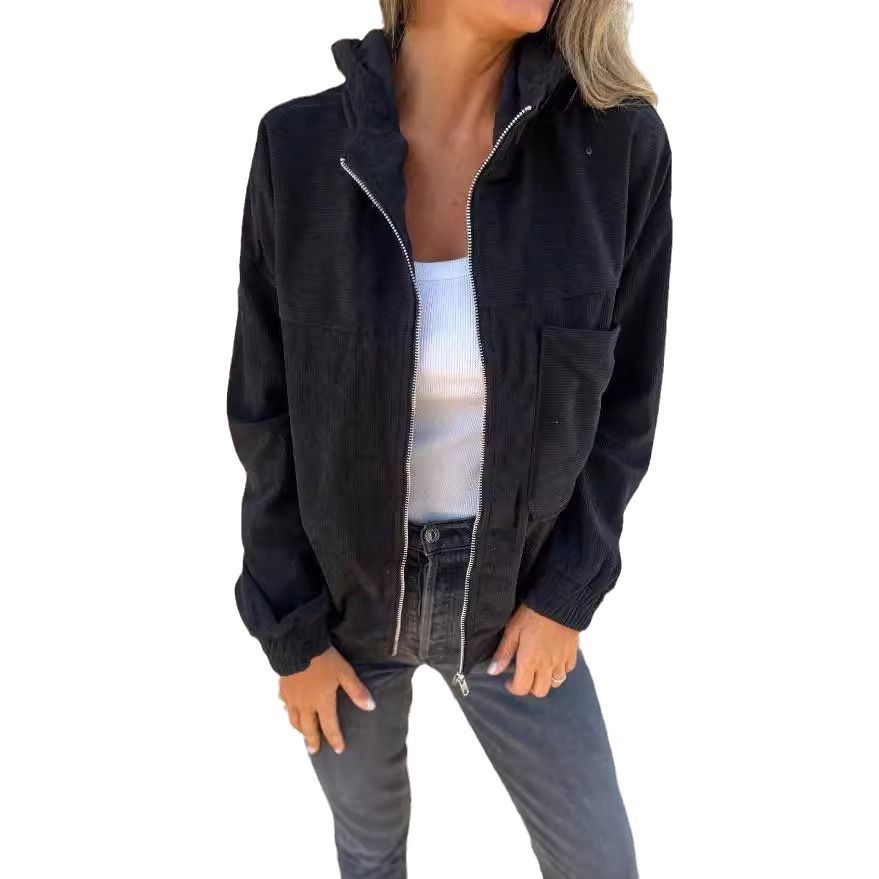 Women's Solid Corduroy Hooded Jacket Casual Loose Fit