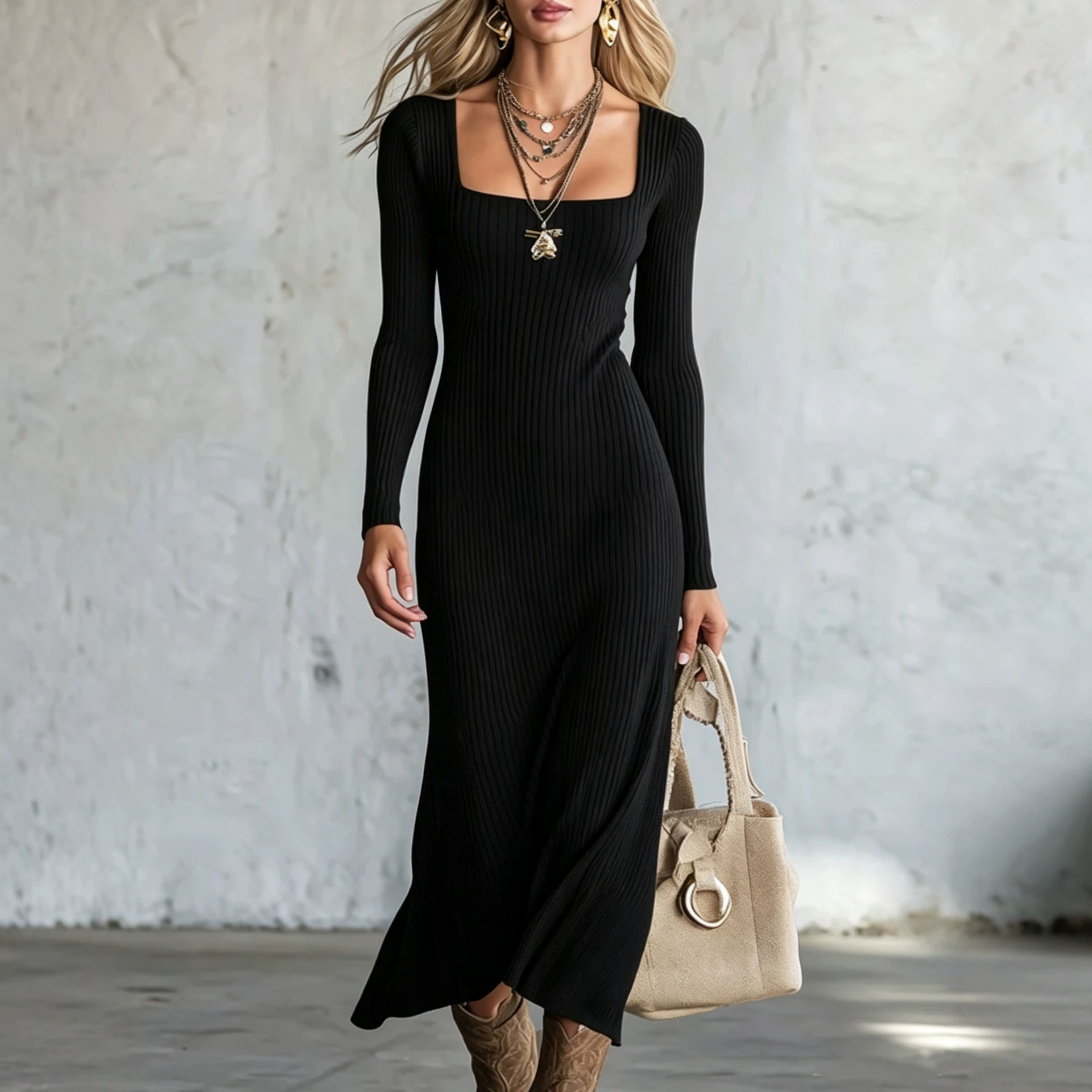 Square Neck Ribbed Knit Long Sleeve Bodycon Mermaid Maxi Dress