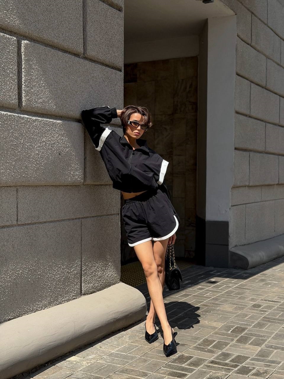 Color-Block Striped Cropped Sun Protection Set with Zip Stand Collar Jacket and Elastic Waist Shorts