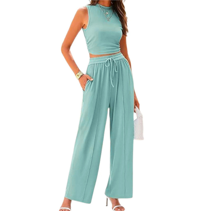 Sleeveless Knit Two-Piece Set with Fitted Top and Wide-Leg Pants