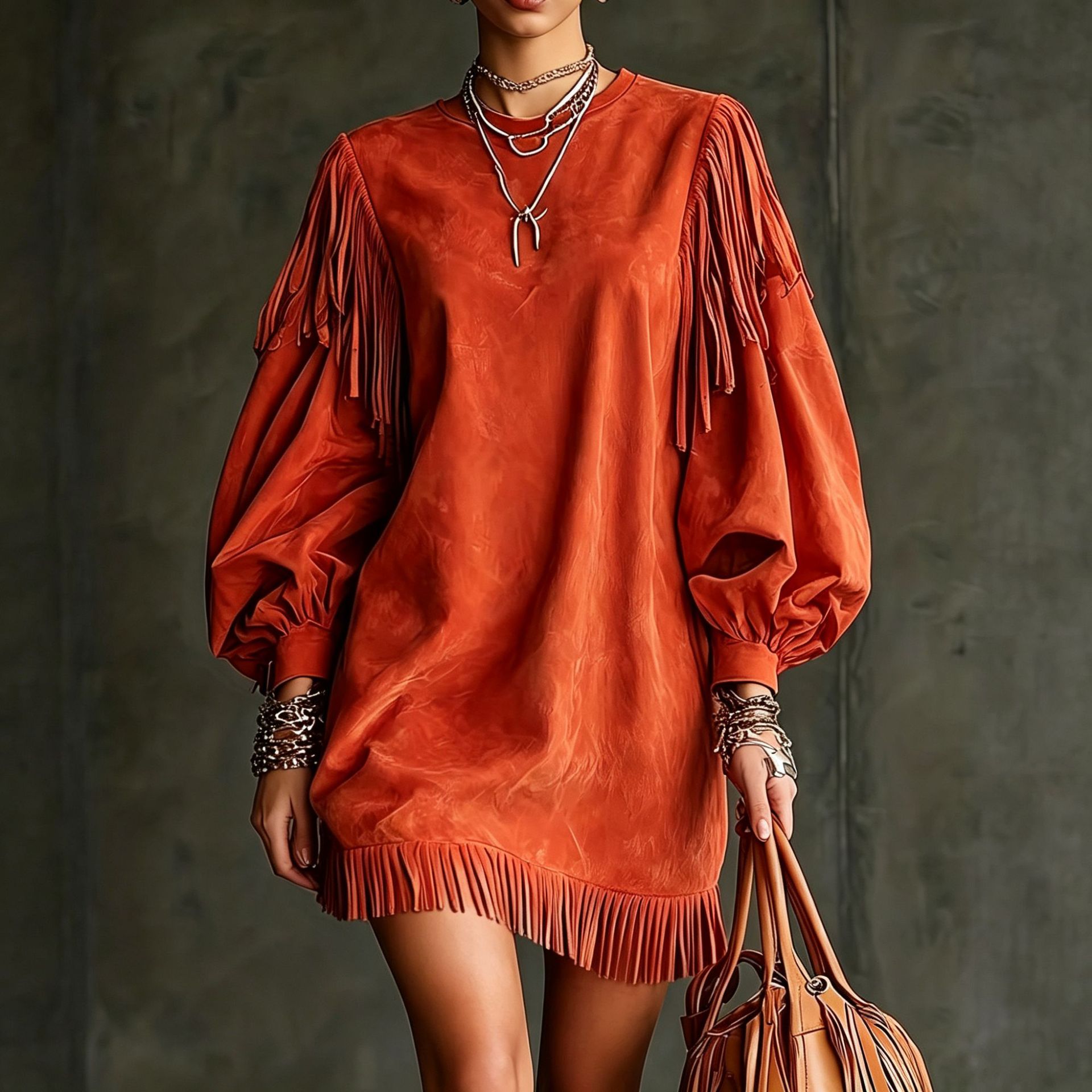 Women's Tassel Lantern Sleeve Short Dress - Loose Fit, Round Neck, Polyester Blend