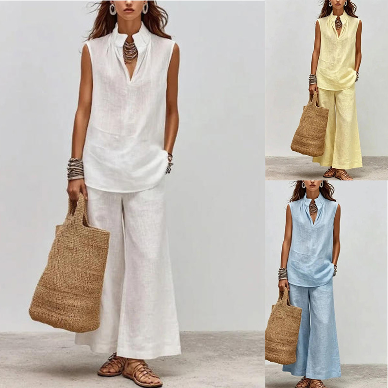 Solid Sleeveless Deep V Stand Collar Two-Piece Pants Set