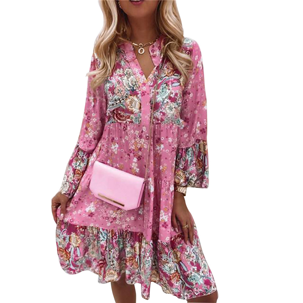 Women's V-Neck Long Sleeve Floral Print Maxi Dress Plus Size