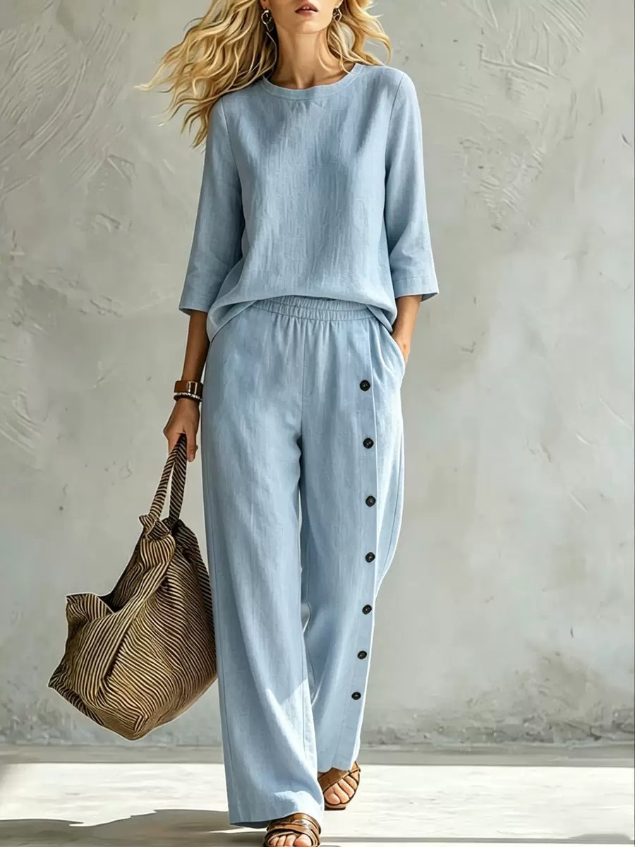 Women's Solid Color Button-Detail Two-Piece Pants Set Casual Loose Fit