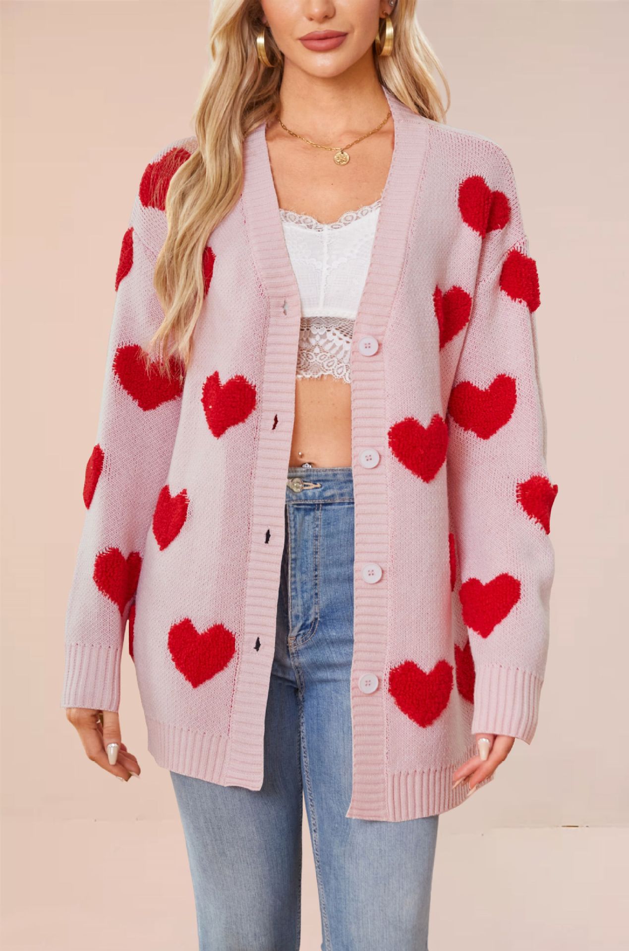Heart Jacquard Knit Cardigan V-Neck Button Midi Length