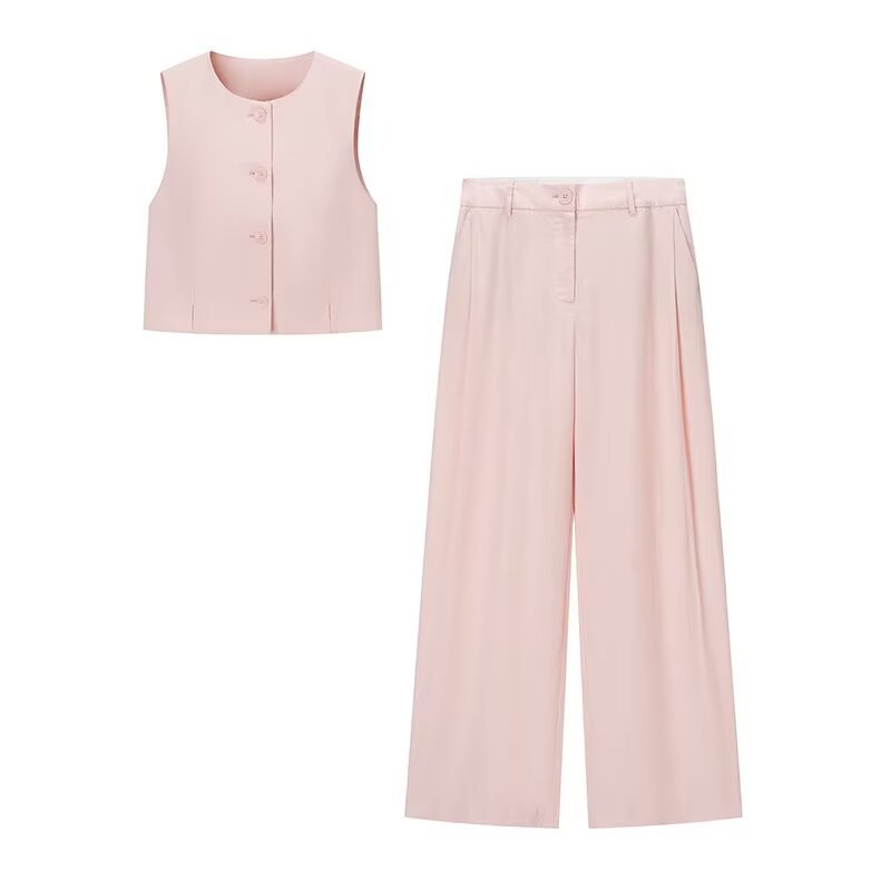 Women's Split-Design Short Vest & Pleated Wide-Leg Pants Set