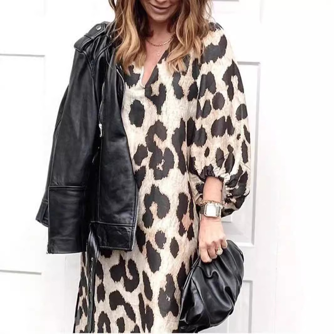 Lantern Sleeve V-Neck Leopard Print Midi Dress