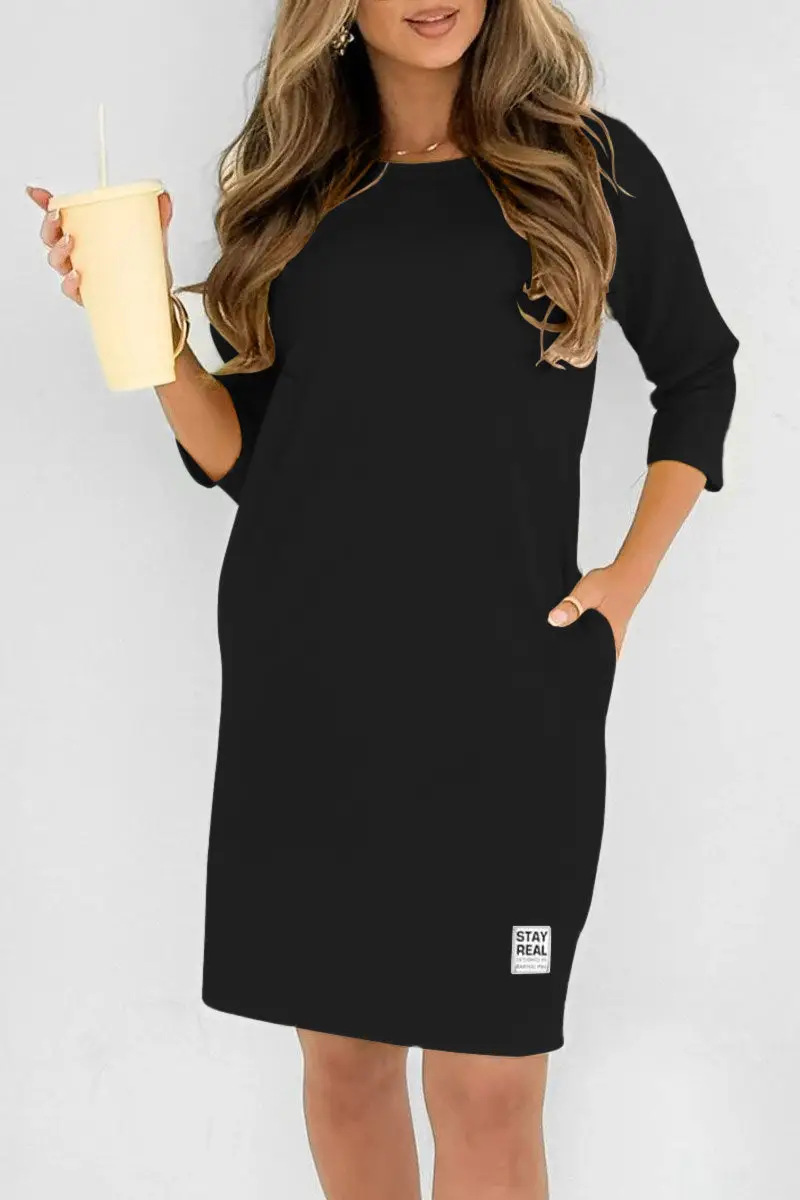 Women's Solid Crewneck Long Sleeve Loose Casual Midi Dress