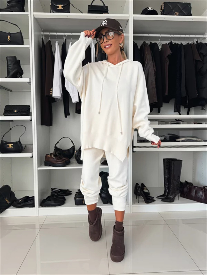 Women's Solid Color Loose Hooded Knit Two-Piece Set