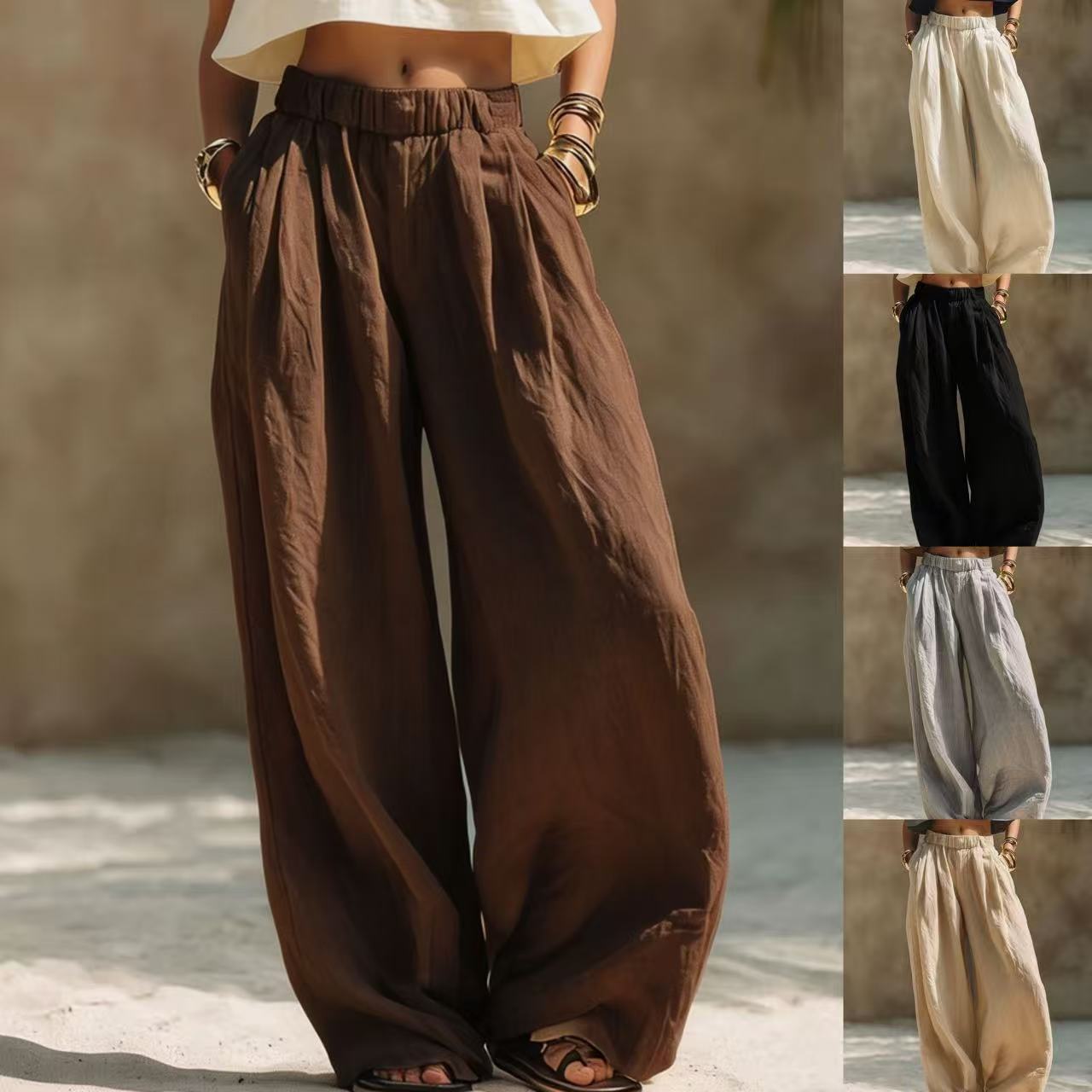 Women's Cotton-Linen Wide-Leg Pants Solid Color Elastic Waist Loose Casual